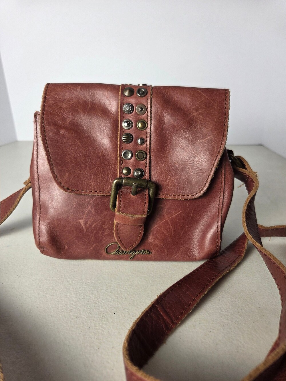Chevignon Brown Leather Bag Small Studded Crossbody Bohemian Buckle